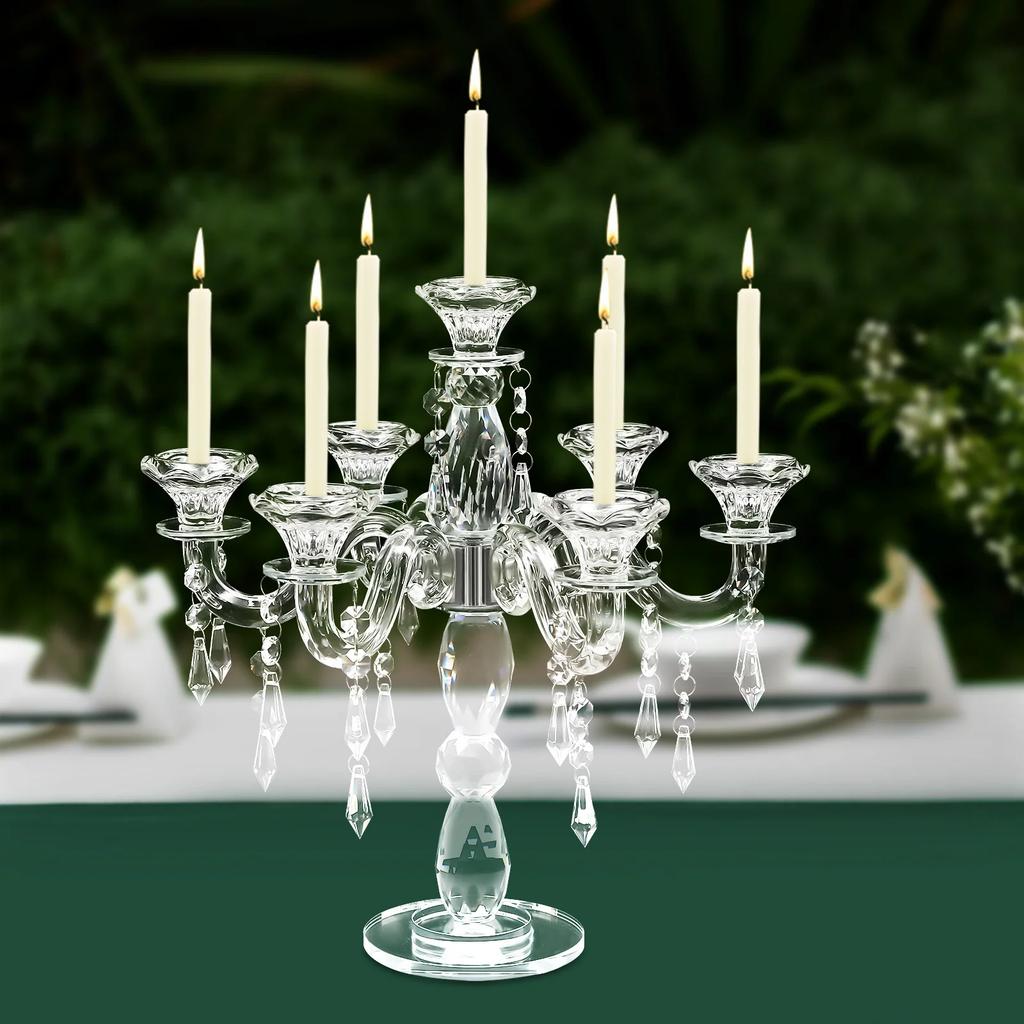 7-Arm Clear Crystal Candelabra, Elegant Glass Candle Holder for Dining Table & Wedding Decor, Modern Centerpiece with 7 Branches