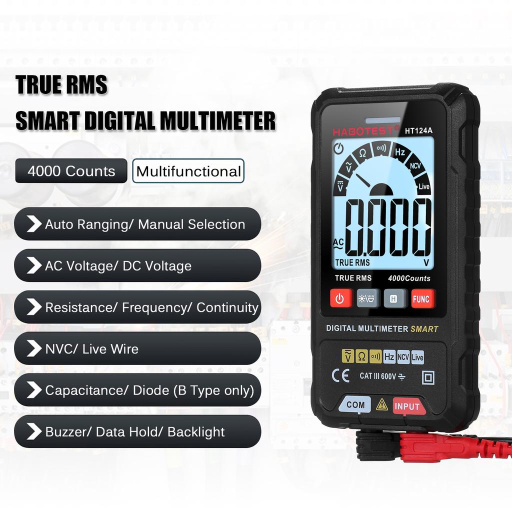 HABOTEST HT124B Умный цифровой мультиметр 4000 отсчетов True   Автоматический выбор диапазона Вольтметр с подсветкой ЖК-экрана 600В AC   Вольтметр Электрический тест