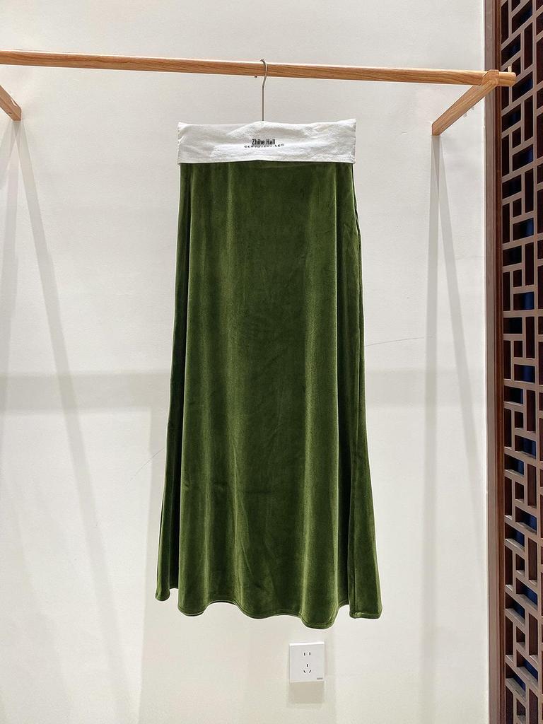 2025 Осень Женская Юбка Миди из Бархата с Завышенной Талией и Хвостом Русалки - Приталенный Дизайн в Национальном Стиле А-силуэта