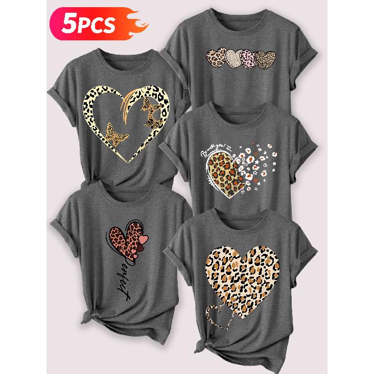 Follow a specific direction Five-piece set for women T Shirt Leopard print butterfly heart vintage print Summer Casual Elegant Women's Clothing Short