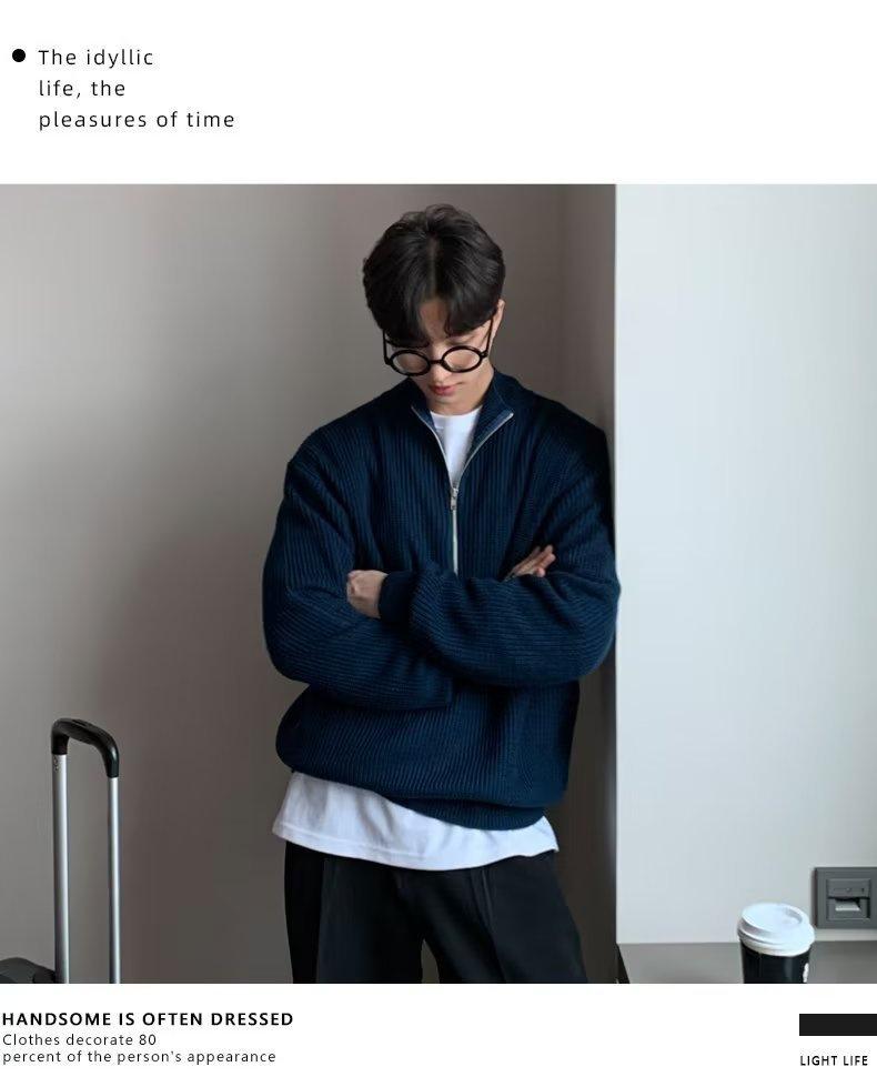 Korean Style Men's Autumn Half Zip Cardigan Sweater - Handsome Versatile Stand Collar Knitted Top Turtleneck Jacket