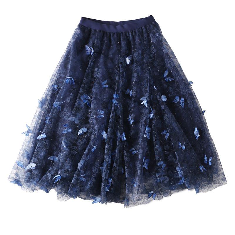 Super Fairy Style~ Sequin Embellished With 3D Butterfly Decoration Double Layer Mesh A-Line Elastic Waist Skirt