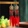 Fashion Bohemian Crystal Bead Feather Earrings for Women Simple Long Gold Color Metal Earrings Vacation Daily Jewelry