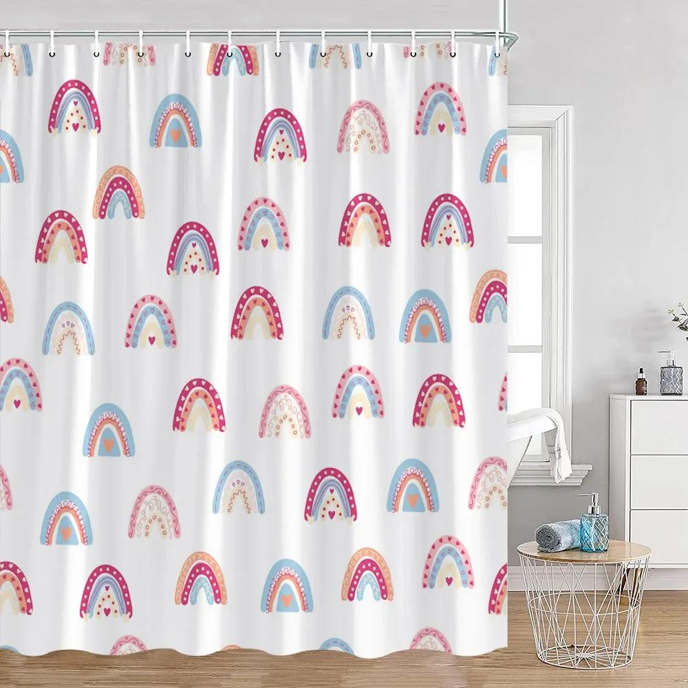 Cute Rainbow Heart Pattern Shower Curtain Children's Simple Modern Bathtub Decorative Polyester Bathroom Shower Curtain