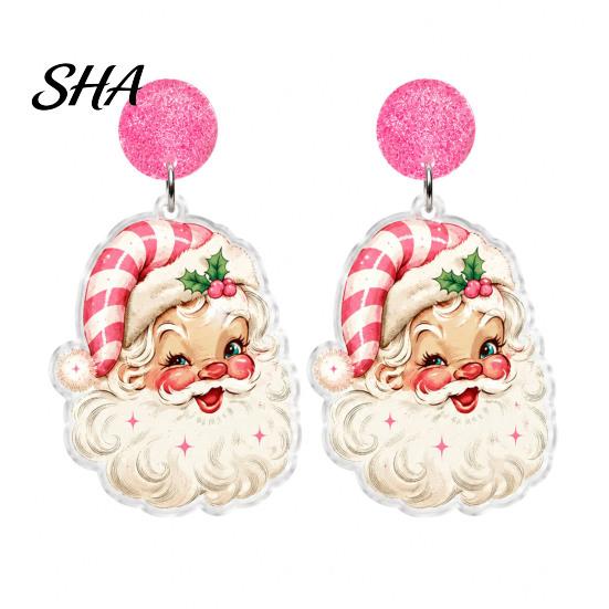 Sweet Style Christmas Ornaments 1 Pair Glitter Earrings for Women, Cute Pink Santa Claus Unique Party Acrylic Dangle Earrings, Lightweight Holiday