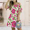 Women Plus Size Off Shoulder Short Sleeve Tie Cuff A Line White Green Floral Leaf Printed Dress