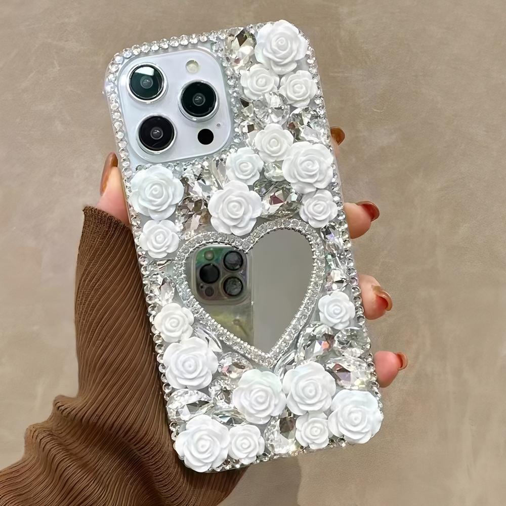 Блестящий чехол для телефона со стразами, зеркальцем в форме сердца и 3D-цветами розы для Samsung Galaxy A42 A33 A53 A73 A20 A30 A50 A70 A21S A50S A30S A20S A70S 5G