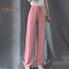 Women Casual Pants Elastic Drawstring High Waist Wide Leg Long Trousers Solid Color Thin Leisure Pants