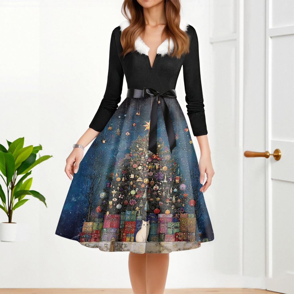 Женское модное повседневное платье приталенного кроя с круглым вырезом, рождественским принтом и длинными рукавами
