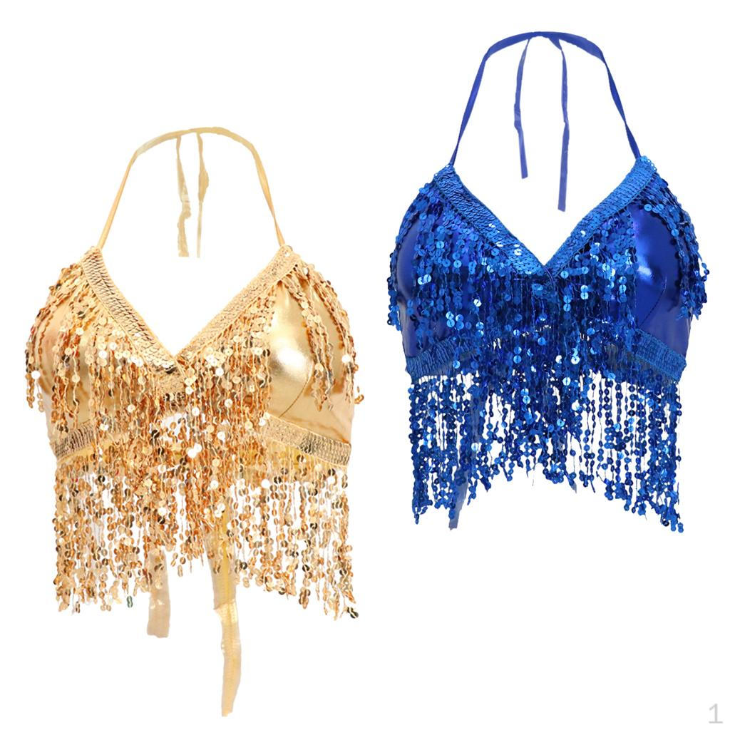 2pcs Tassel Bra Halter Top Sequin Costume Outfits