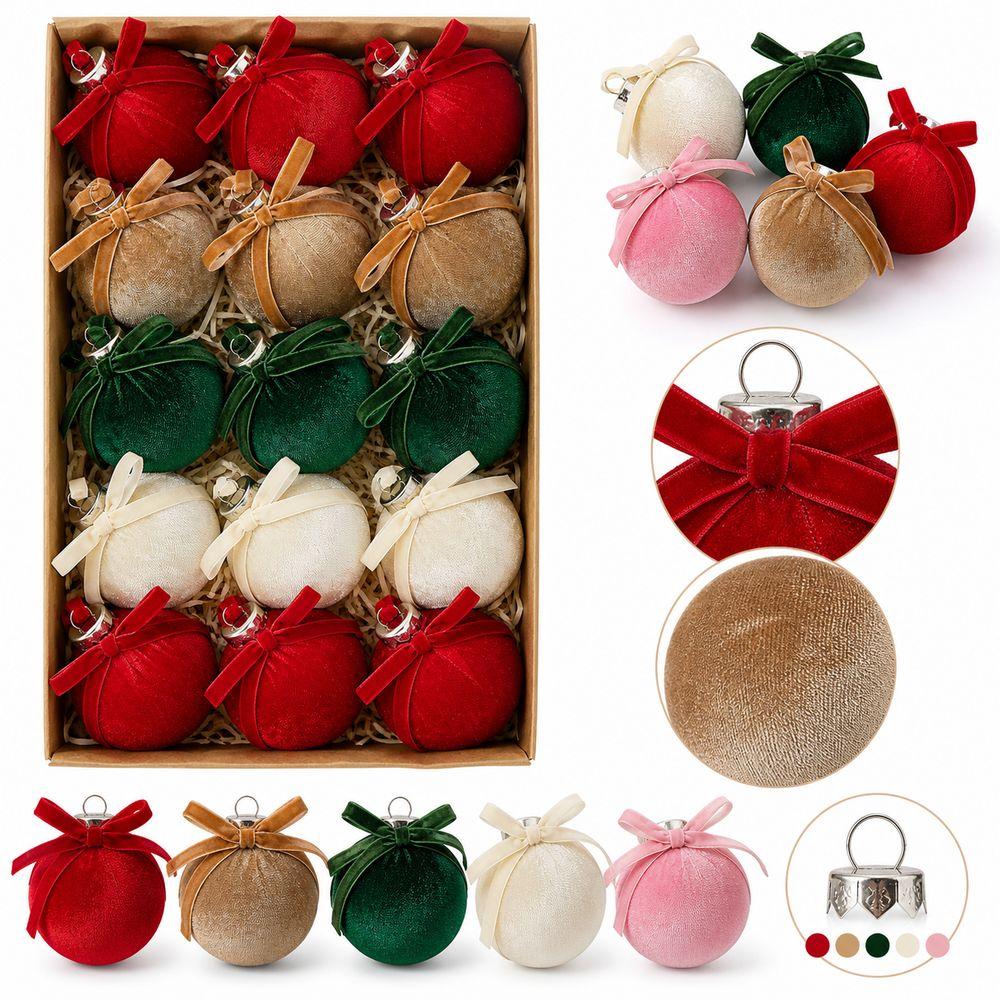 15pcs Velvet Christmas Ornaments Christmas Ball Ornaments Soft Plush Texture Ribbon Bow Ornaments