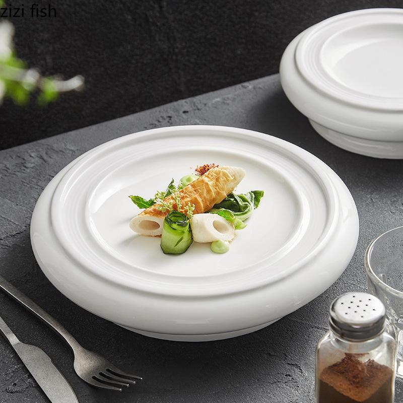 Pure White High Legged Ceramic Dining Plate Dessert Plate Sushi Salmon Plate Restaurant Molecular Cooking Creative Tableware