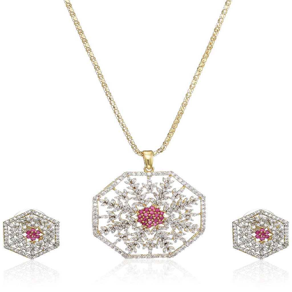 Estele 24K Gold Plated Pendant with American Diamonds and Ruby Stones for Women