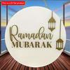 2D Flat 20*20cm1pc Ramadan Mubarak Simple&Elegant Superior Quality Round Wooden Door Sign, Eid Theme Golden Lantern Pattern Pendant, Multiple Uses