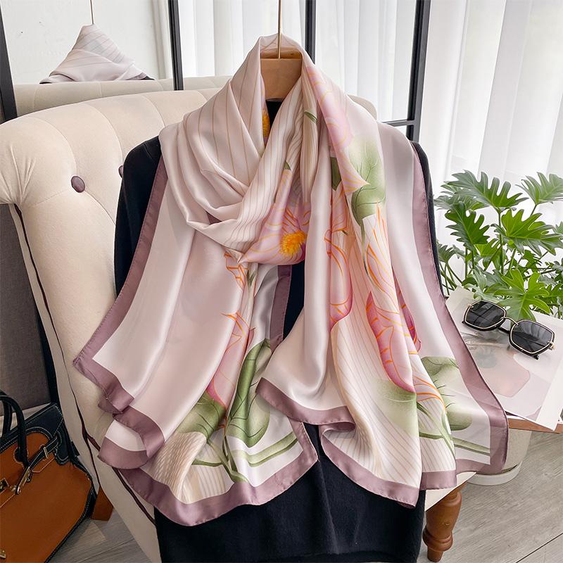 Women Popular 180X90CM Print Silk Scarves Satin Shawls Female Letter Beach Lady Towel Fashion Long Bandanna Foulard Wrap Muffler