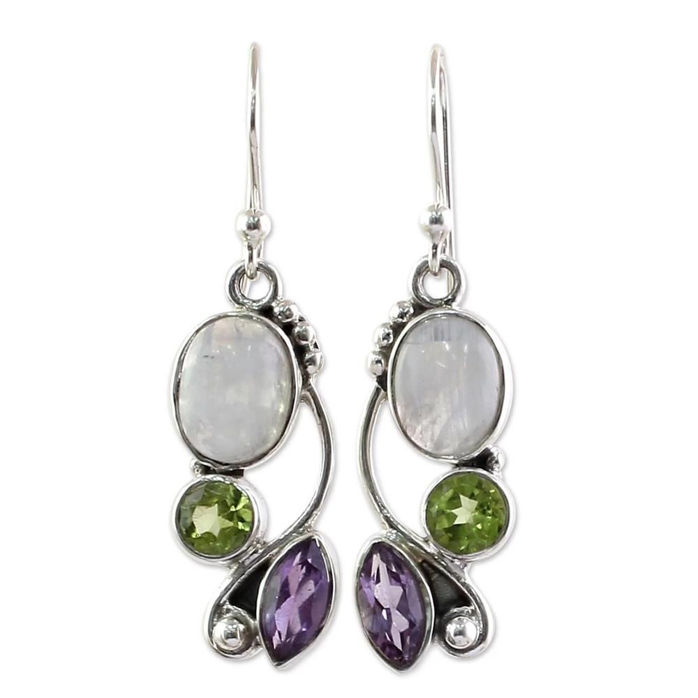Charm gift Dangle Hook Multi-Gemstone Moonstone Earrings Amethyst Ear Stud Peridot