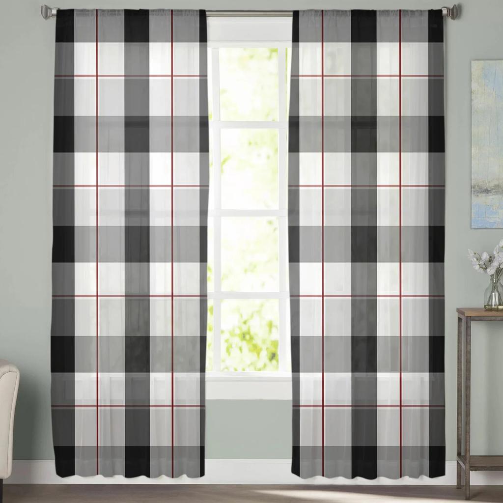 Black Grey Plaid Tulle Curtains For Living Room Bedroom Modern Chiffon Sheer Kitchen Curtains