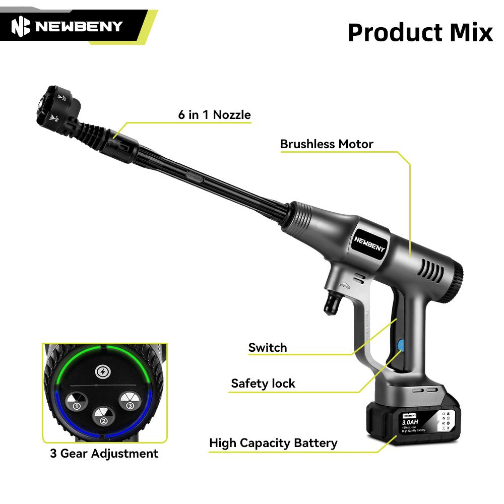 Newbeny 200Bar  6 IN 1 Brushless Electric High Pressure Washer Cordless Car Cleaning Spray Gun Tools For Makita 18V Battery