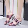 Women Fashion Patent Leather Sandals Summer Thick High Heels Slippers Woman Outdoor Solid Color Slip On Beach Flip Flops