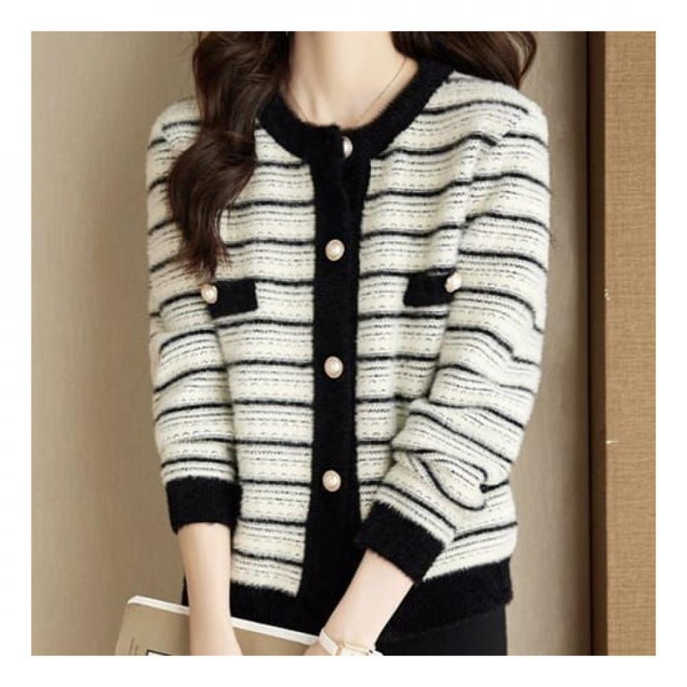 Navava Nc210 Striped Mink Round Neck Long Sleeve Cardigan