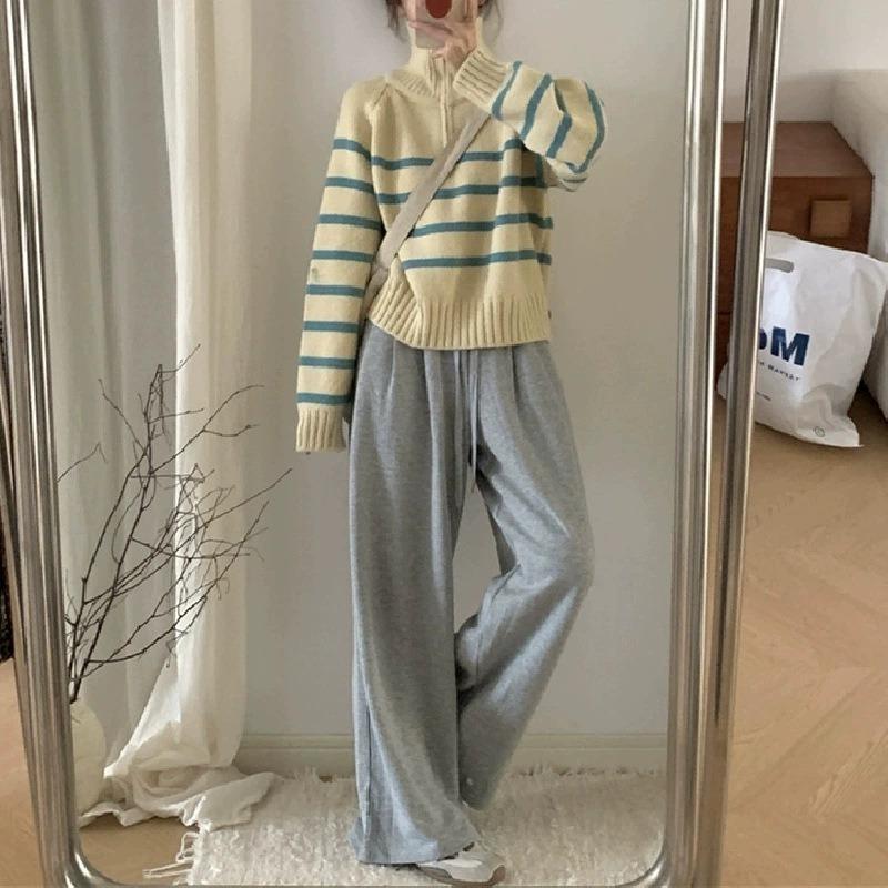 Autumn and Winter New Striped Semi-turtleneck Zipper Knitted Sweater Women's Casual Loose Lazy Wind Pullover Sweater