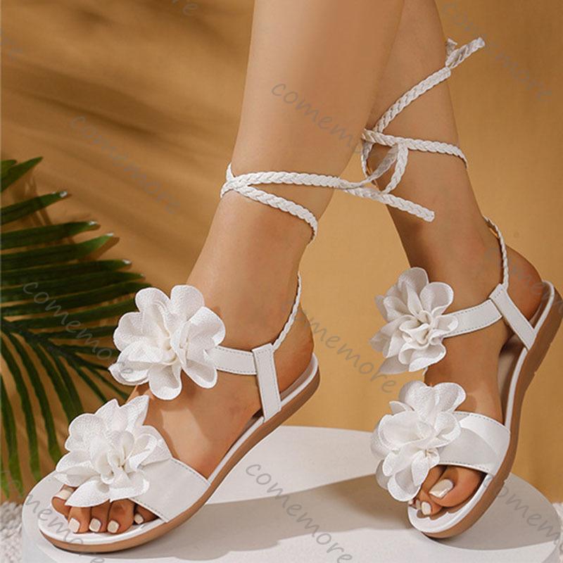 Fashion Comemore Summer New Flat Bottom Cross Strap Sandals for Women Large Size Bohemian Style Flowers Casual Beach Sandales Femmes