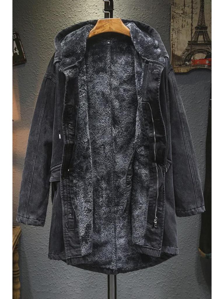 Мужская зимняя джинсовая куртка с капюшоном - свободная, большого размера, средней длины, толстое теплое хлопковое пальто