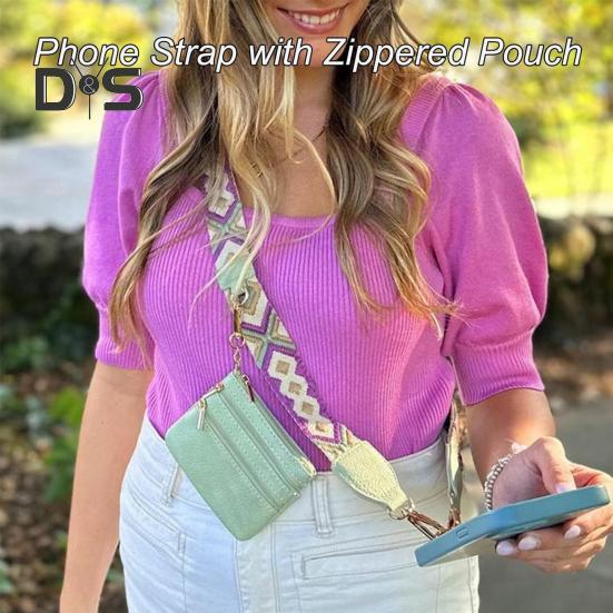 Mobile Phone Strap with Zippered Pouch Mini Card Holder Crossbody Adjustable Length Clip And Go Cellphone Hanging Strap