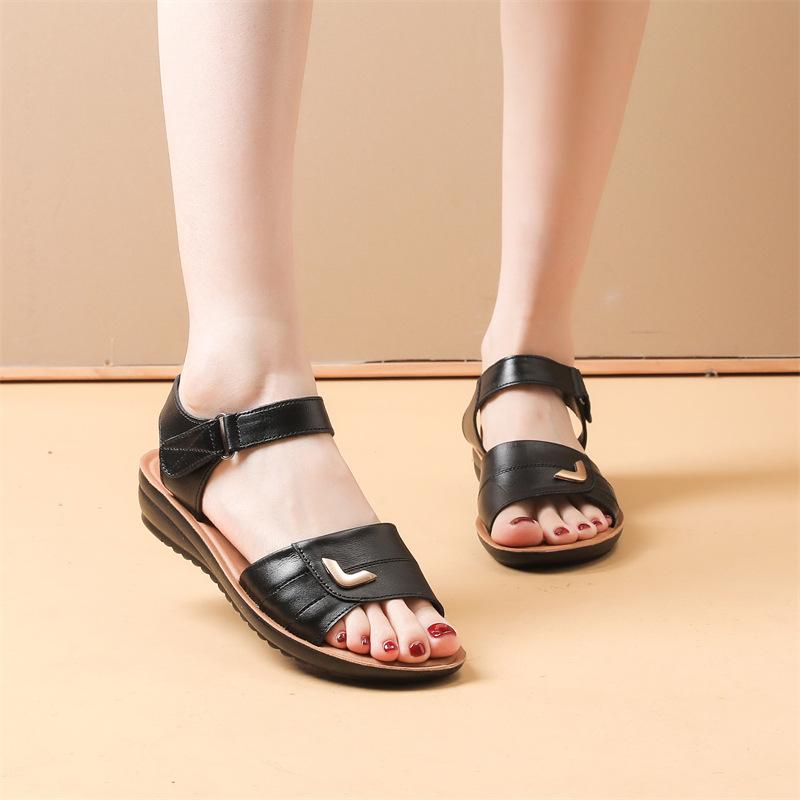 Первый слой коровьей кожи сандалии для мам женские летние туфли с плоской подошвой среднего возраста нескользящая мягкая подошва для пожилых людей среднего возраста бабушек пожилых людей