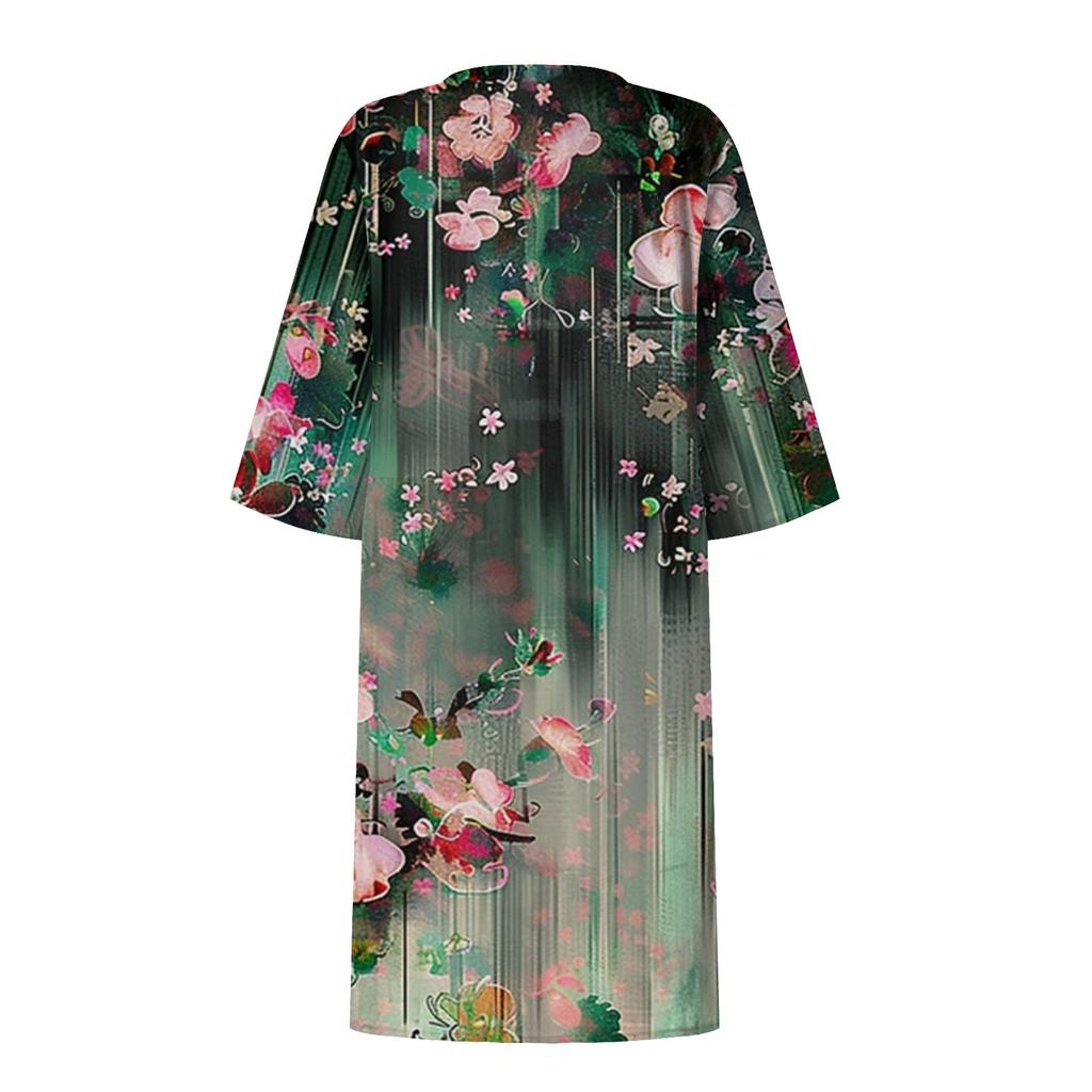 Women's Summer Casual Fashion Five-quarter Sleeve Printed V-Neck Loose Mid-Length Dress