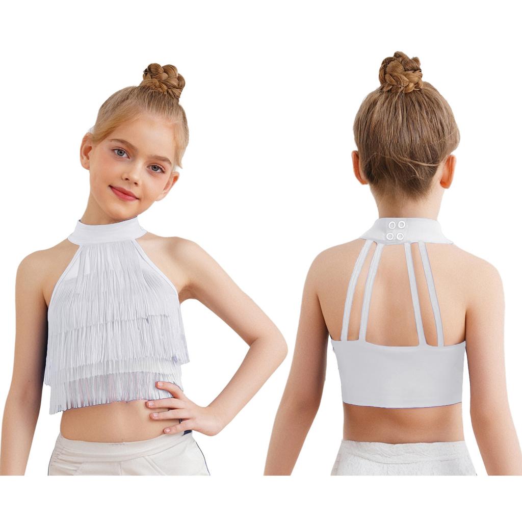 Девочки Сальса Латинские Танцы Укороченный Топ: Безрукавка с бахромой и ремешками на спине с многоярусной бахромой для соревнований