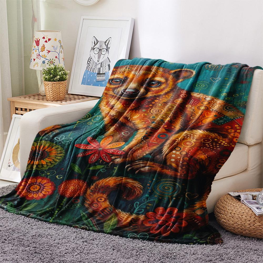 1PC Bohemian Kinkajou Art Print FlAannel Blanket, High quality Comfortable for All Seasons, Home Decor, Warmth and Comfort