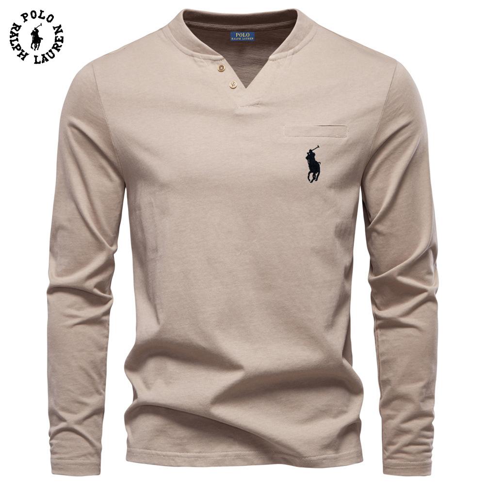 Polo Ralph Lauren 2025 Autumn New Men's Embroidery Casual V-neck Long Sleeved T-shirt Slim Fit Base Shirt Pure Cotton T-shirt Top for Men