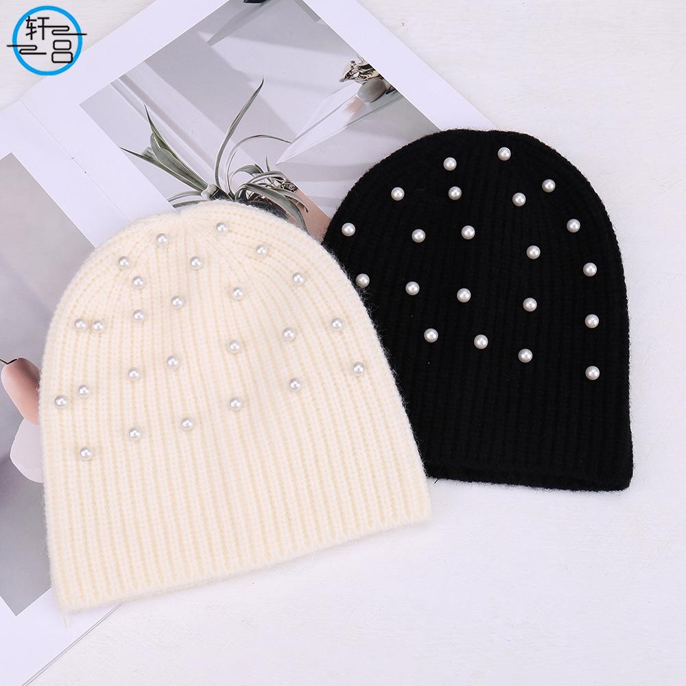 New fashionable solid color simple pearl decoration warm knitted hat outdoor travel casual versatile comfortable wool hat