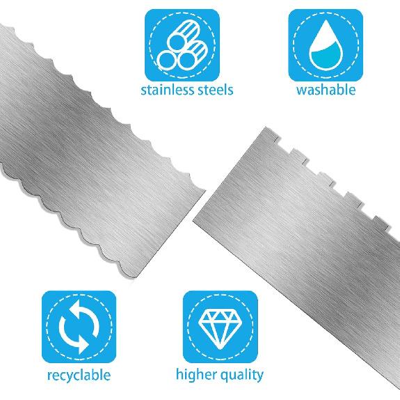 2 Pieces 8.7 Inche Stainless Steel Cake Scraper Double Sided Patterned Edge Stripe Edge Smoother Frosting Scraper Cake Decorating Cake Decorating