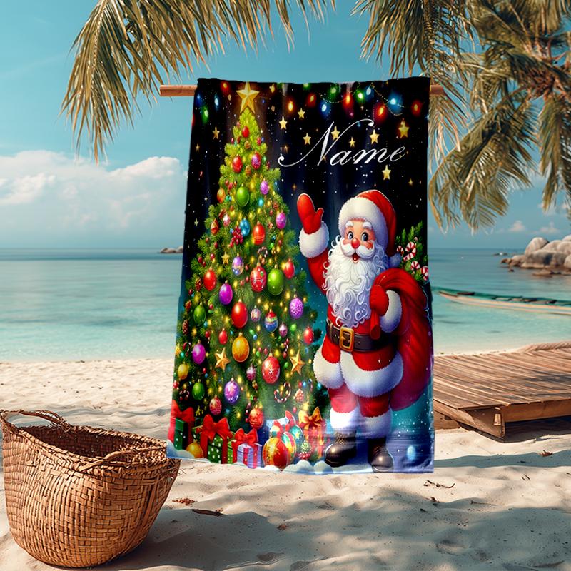 Custom Name Ultra-Soft Beach Towel with Christmas Santa Claus Theme,Ideal for Pool - Camping, Diving - Perfect Travel Essential, Vibrant Beach Towel.