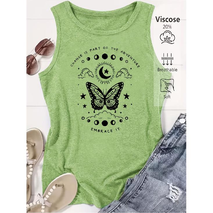 Elegant Vest for Women Butterfly Moon Phase CHANGE IS PART Printed casual loose-fitting summer vest Fashionable, mysterious, artistic, suitable for