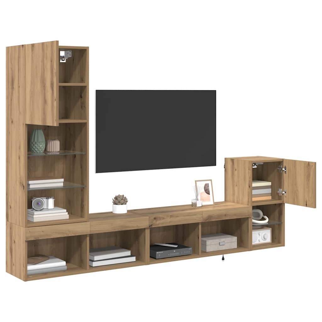 TV Wall Unit with LED Light Strips Artisan Oak Wood Based Material