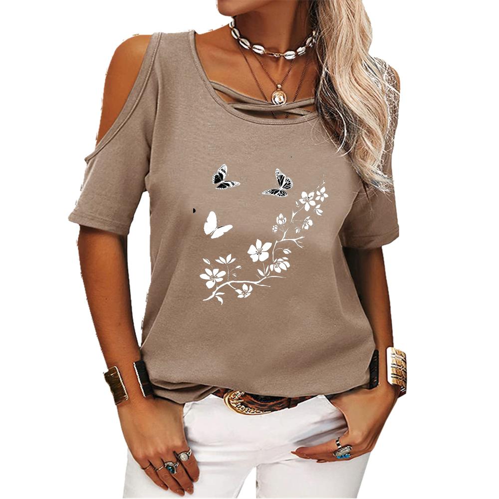 Women Fashion Off Shoulder Top Casual Round Neck Summer Tee Shirt Print Short Sleeve T-shirt
