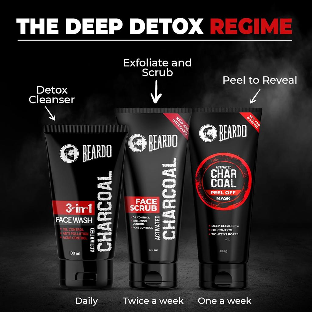 Beardo 3 In 1 Activated Charcoal Face Wash For Men Deep Clean Oil Control Detox Oily Skin Dirt Removal Daily Use 100 ml