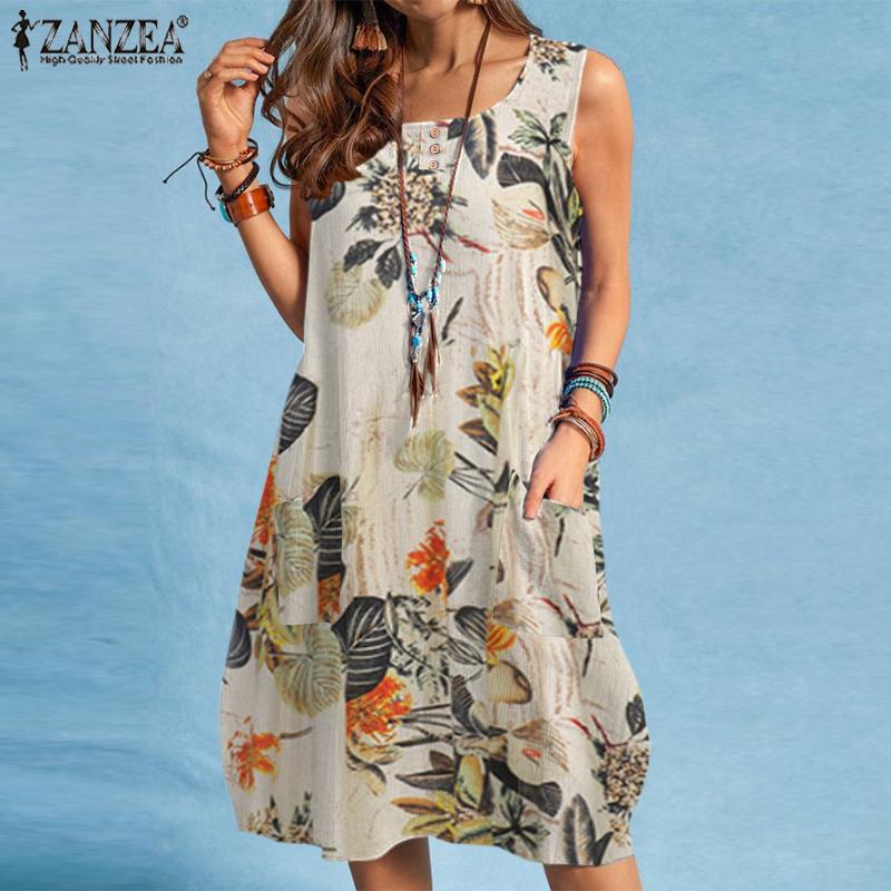 ZANZEA Women Casual Floral Print Summer O-neck Sleeveless Dress