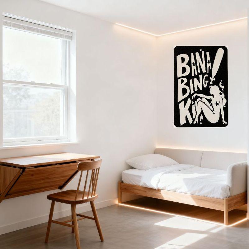 Bana Bing Kit Black White Tin Sign with Woman Silhouette, Stars, Baseball Bat - Vintage Metal Plaque for Bar Cafe Man Cave Home