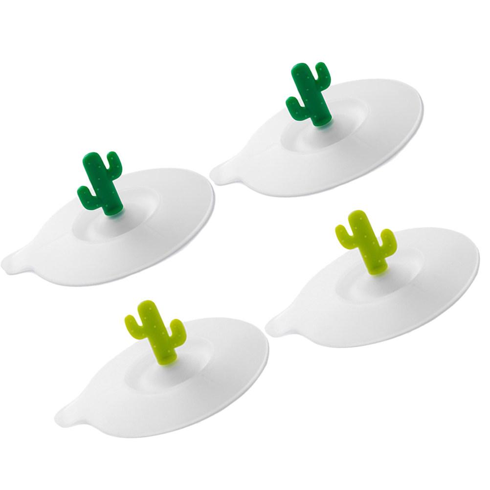 4Pcs Cartoon Cactus Silicone Cup Lids Leak-Proof Dustproof Round Airtight Suction Sealed Covers Grass Green Fluorescent Green
