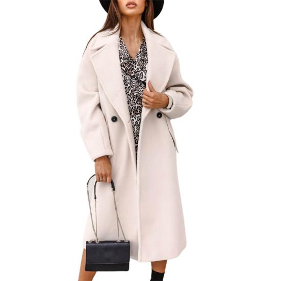 Women Oversize Coat Solid Color Double Breasted Turndown Collar Pockets Overcoat Office
