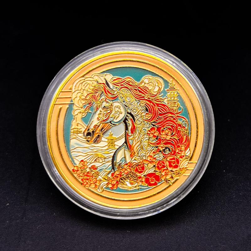 Colorful Zodiac Chinese Horse Souvenir Coin Commemorative Lucky Challenge Coin Collection Gifts With Protective Case