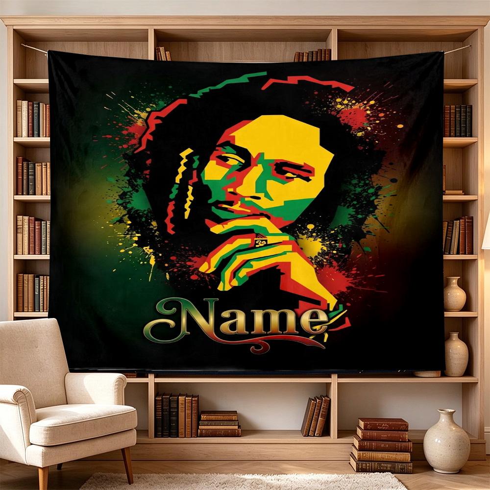 Bob Marley Reggae Music Icon Poster Personalized Name Clear Pattern Tapestry, Wall Decor for Apartment, Studio and Photoshoot Backdrop