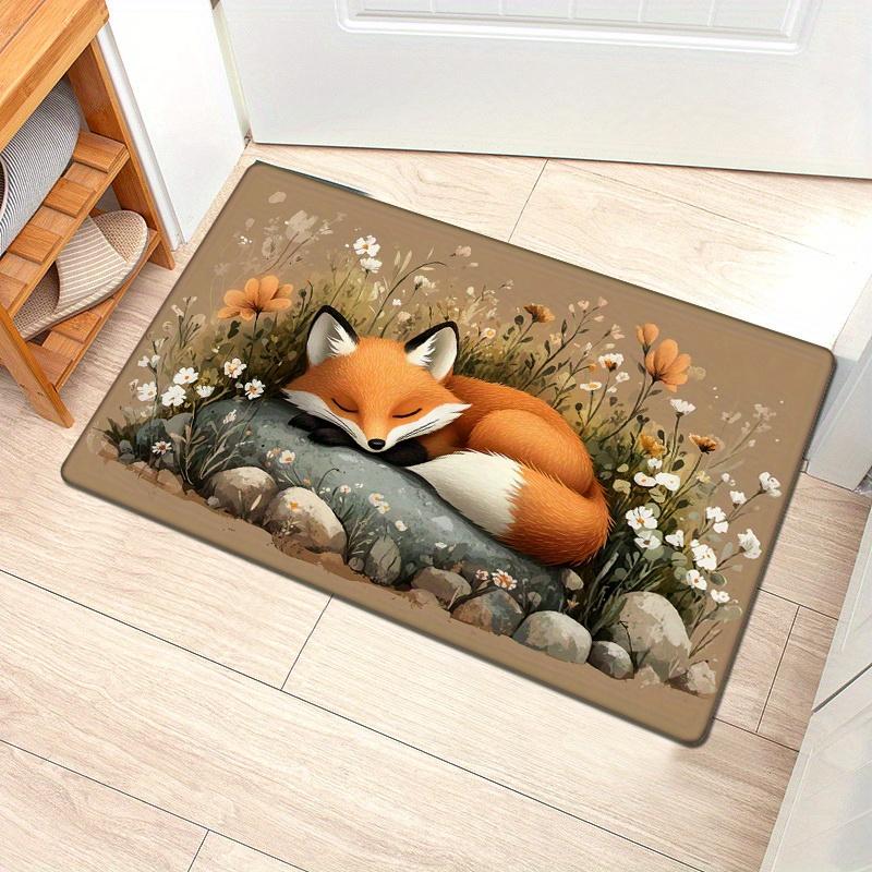 1pc Non-Slip Floor Mat - Cute Fox & Floral Doormat, Machine Washable Soft Polyester Mat for Entryway, Living Room, Bedroom - Rus