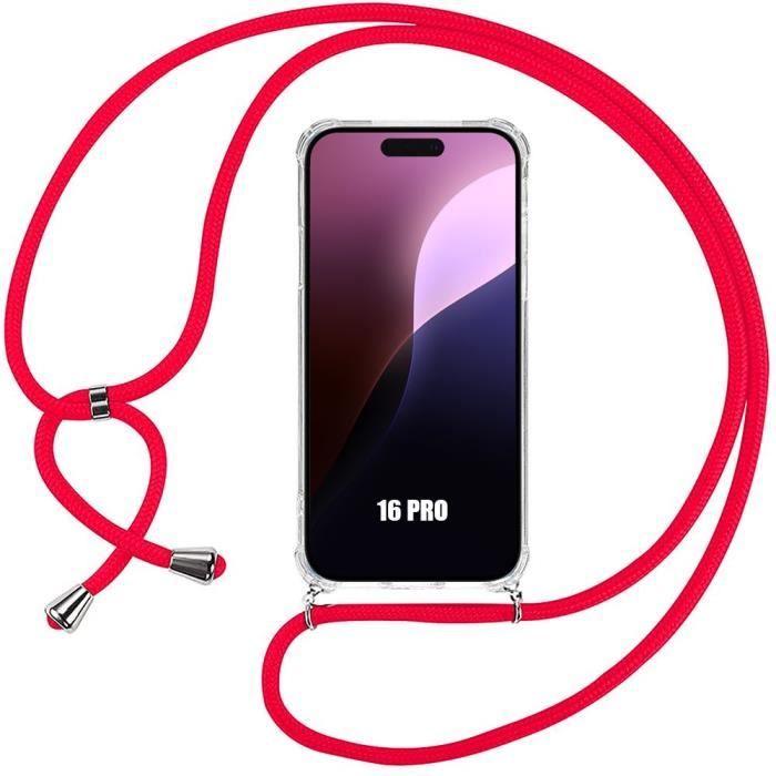 Coque pour iPhone 16 Pro, AntiChoc Coins Renforcés Souple Protection avec Cordon Rouge