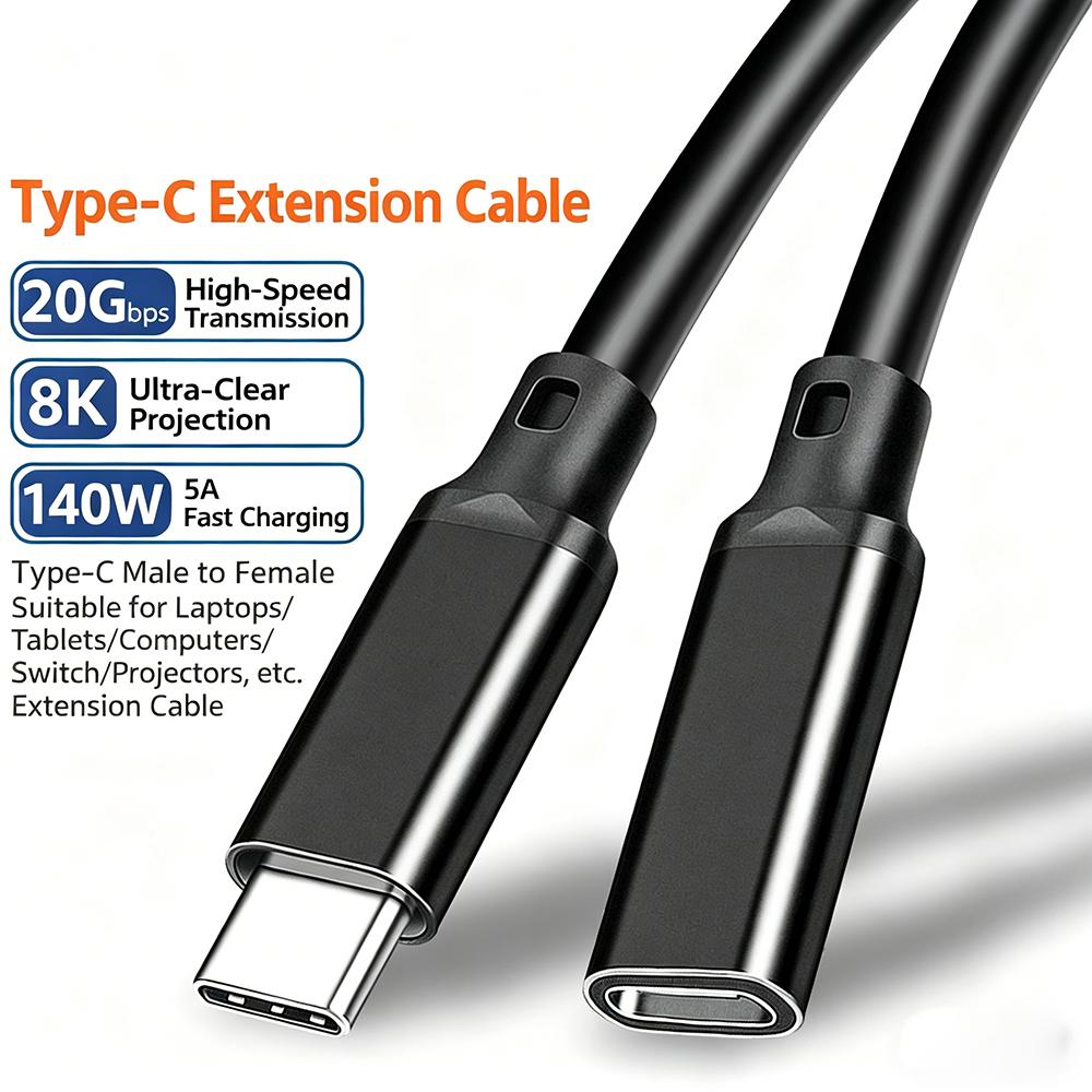 140W USB C Extension Cable Male to Female USB3.2 Gen2 20Gbps PD Fast Charging 4K@60Hz Extender for MacBook Samsung Xiaomi