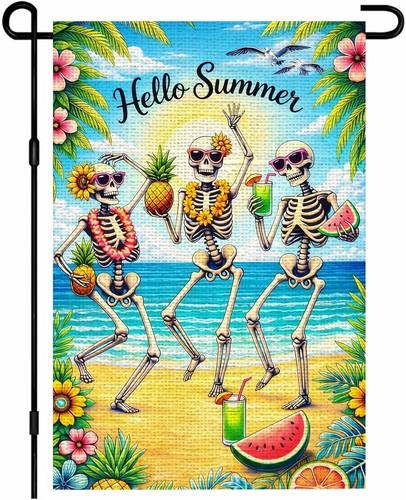 Funny Skeletons Hello Summer Tropical Beach Garden ag Burlap, 12x18 XXQ